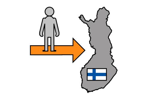 Piirretty kuva, jossa kuvataan ihmisten muuttamista Suomeen.